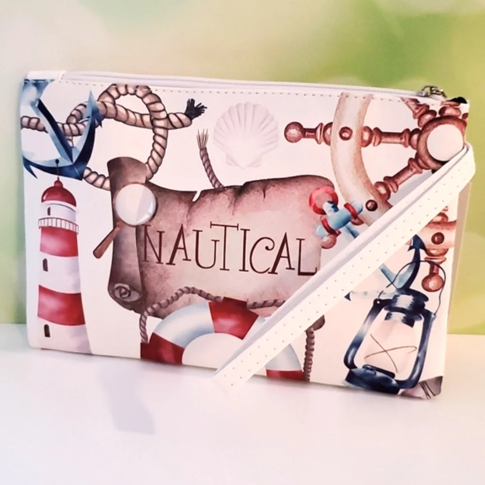 Nautical themed make up, clutch, carry pouch•Sea & ship grahics•NWT